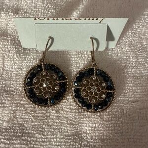 Round Dark Blue Crystal and Bead Openwork Drop Earring.